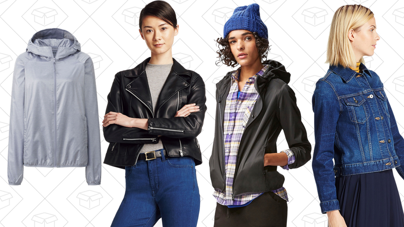 Lightweight Packable Hooded Jacket, $30 | Moto Jacket, $60 | Pocketable Hooded Jacket, $30 | Denim Jacket, $30